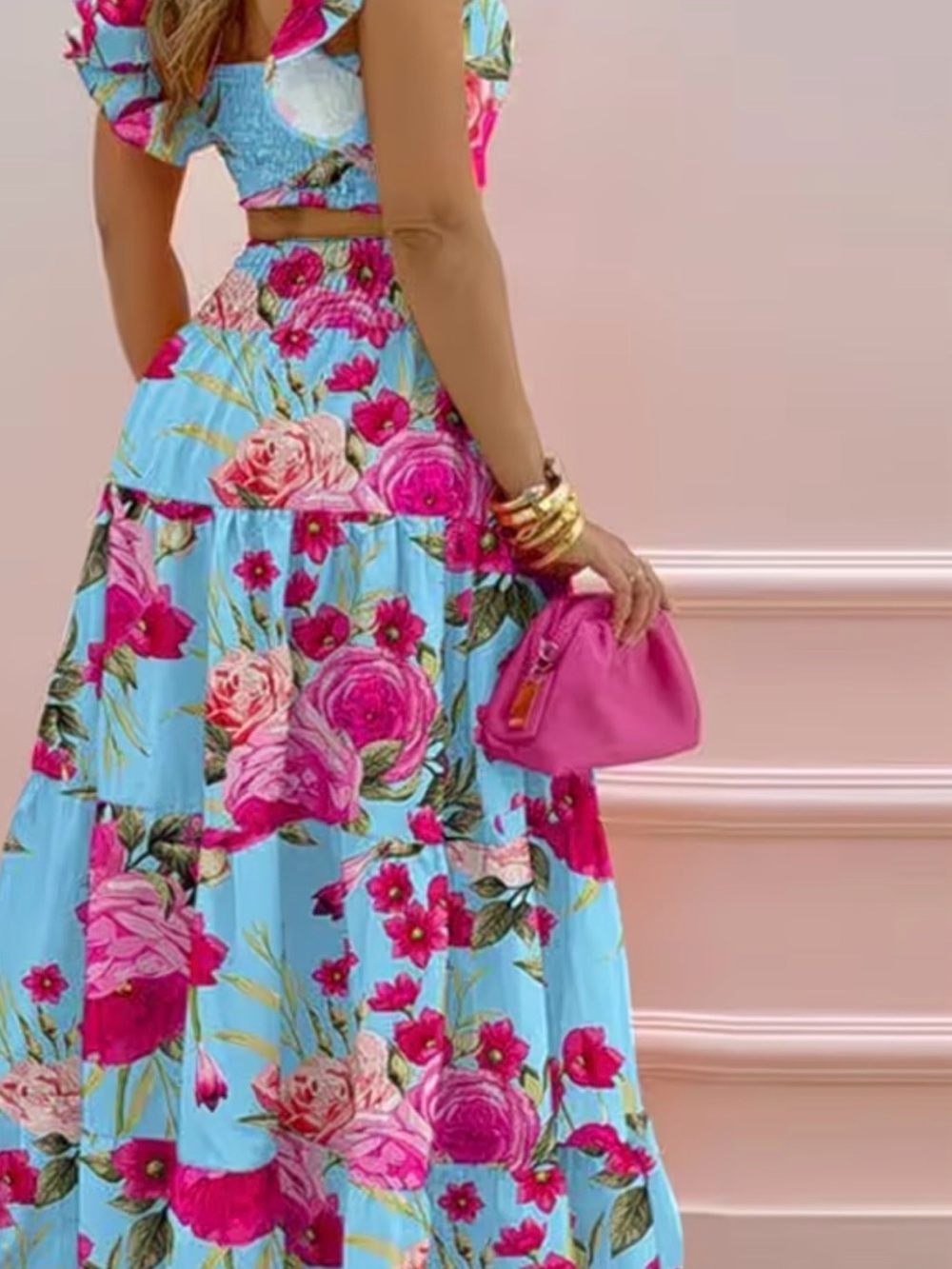 ๐HOST PICK Style Spotlight ๐Floral ๐ธ2 pc Skirt in Bright Pink on Sky Blue set - Picture 4 of 6